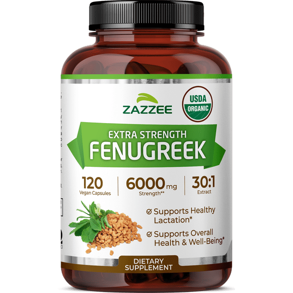 Zazzee USDA Organic Fenugreek 6000 mg – 120 Vegan Capsules – Concentrated 30:1 Extract for Maximum Potency – Pure Organic Seed Extract – Supports Lactation & Wellness – Vegan • Non-GMO • Made in USA