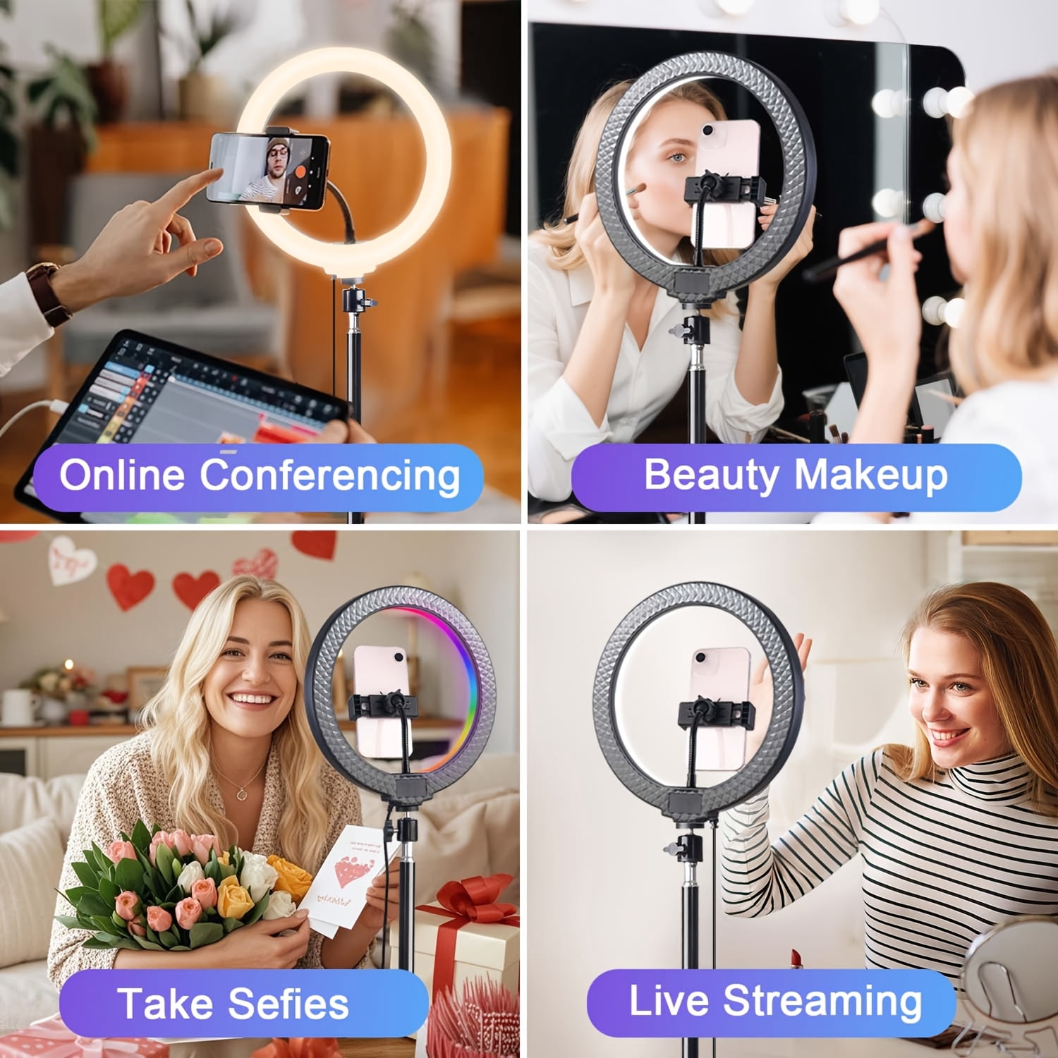 10-inch adjustable RGB LED ring light with a 63-inch telescoping stand—featuring stepless dimming, ideal for professional Zoom meetings in low-light environments