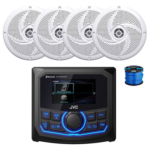 JVC KD-MR305BTS Marine 2.7" Bluetooth AM/FM/Weatherband Radio Receiver, 4X 5.25" 180 Watt 2-Way Slim Low Profile Audio Speakers (White) w/ Wire