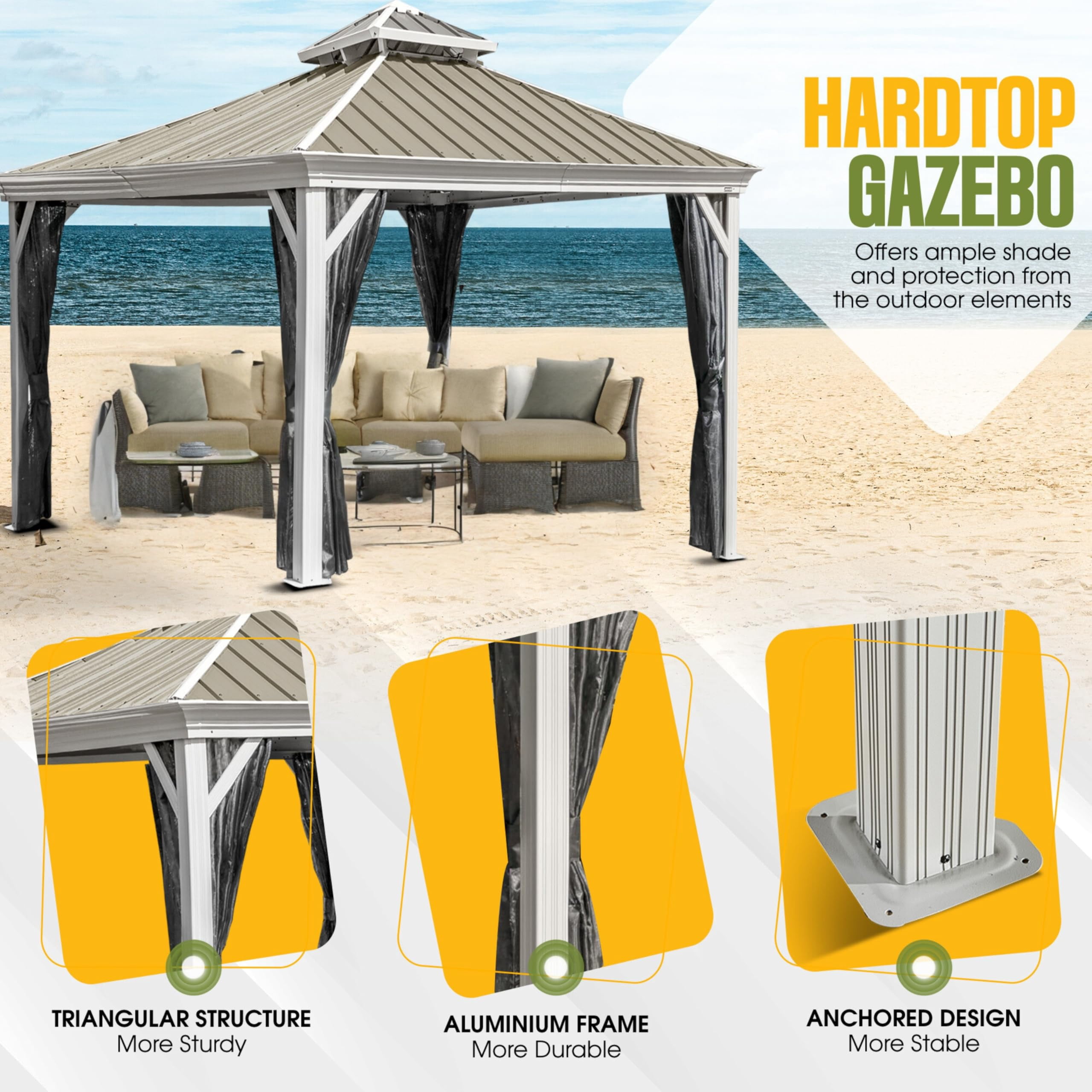 New Yard Hardtop Gazebo with Galvanized Steel Double Roof, Rustproof Aluminum Frame, Privacy Netting, and All-Weather Outdoor Shelter, Beige (12x12)