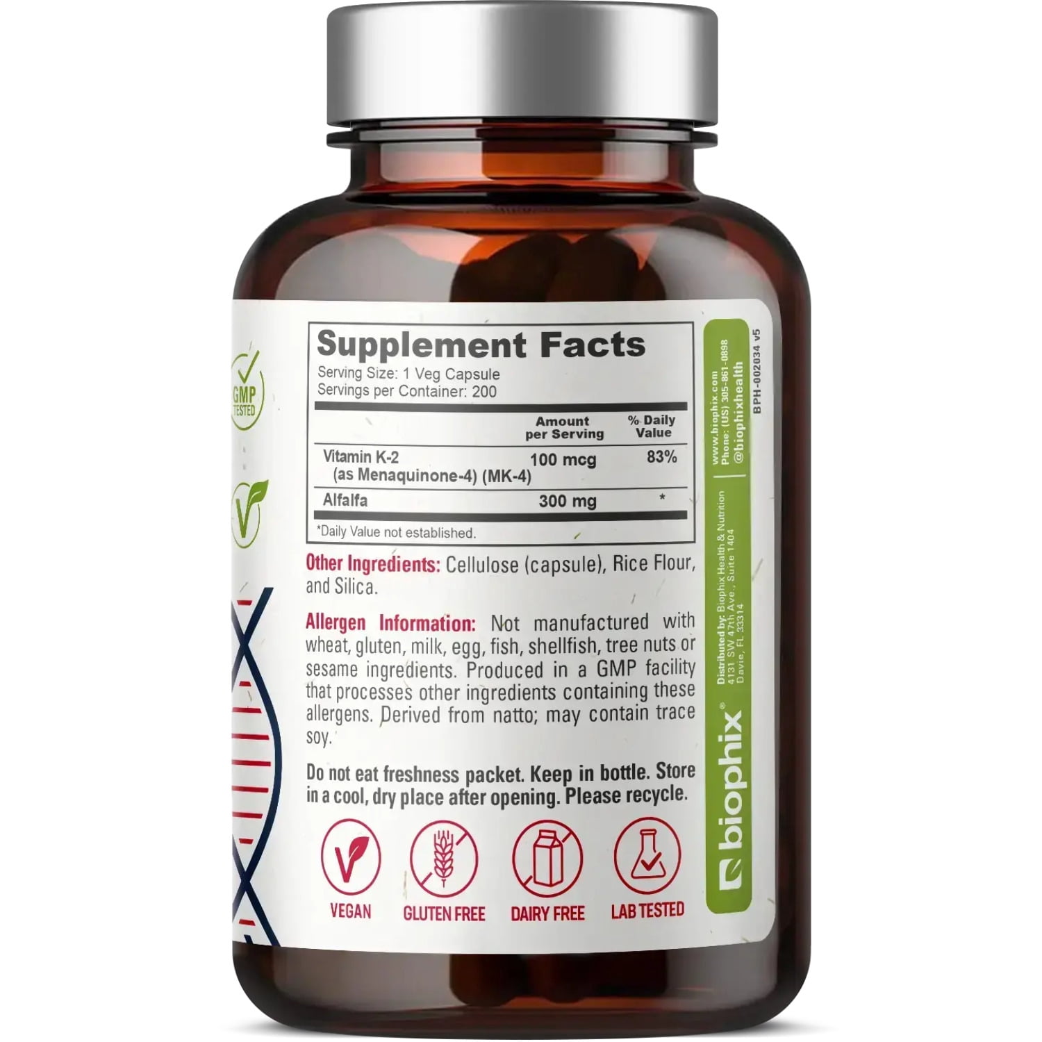 Biophix Vitamin K2 MK-4 100 mcg with Alfalfa - 200 Caps for Bone Health & Immune Support