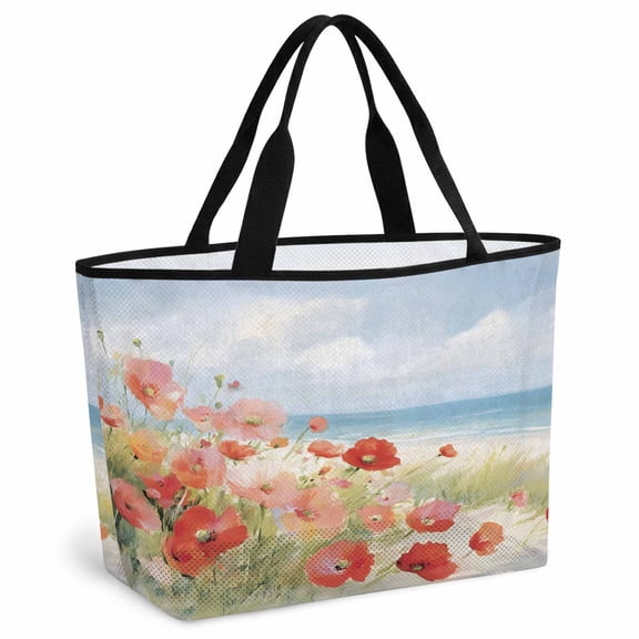 Spring Red Pink Floral Beach Bag for Women, Large Breathable Mesh Beach Tote Bag, Summer Coastal Beach Wave Ocean Blue Sandproof Lightweight Travel Bags for Vacation Picnic Swimming Pool