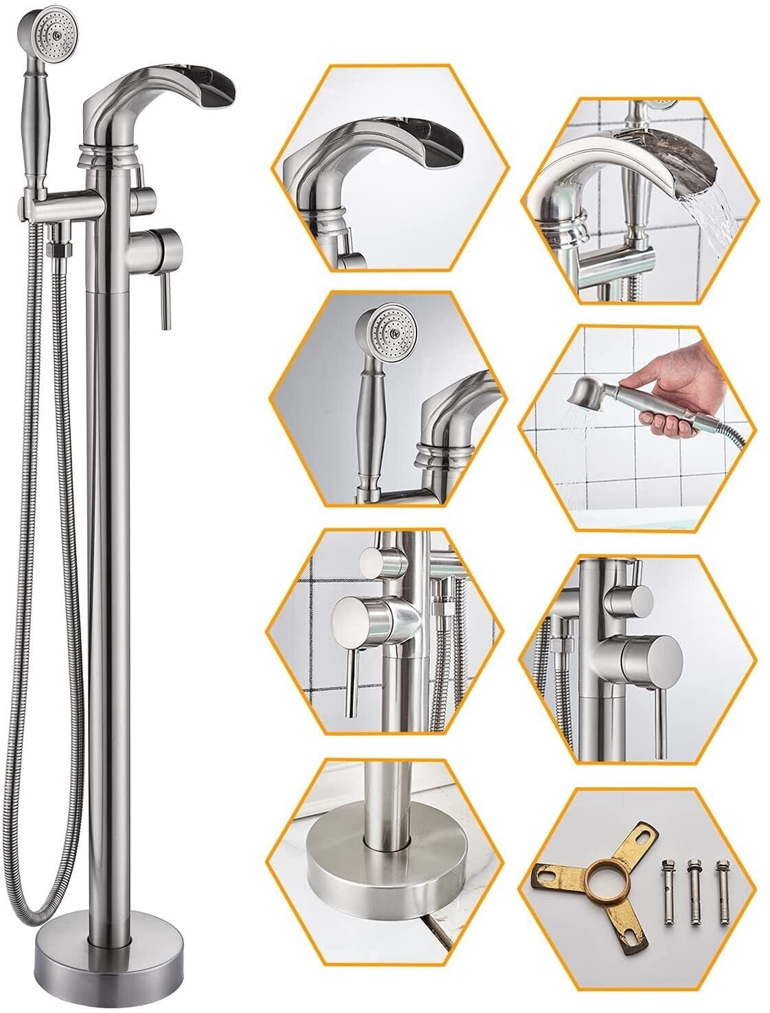Brushed Nickel Freestanding Bathtub Faucet Floor Mount Bathroom Tub Filler Spout