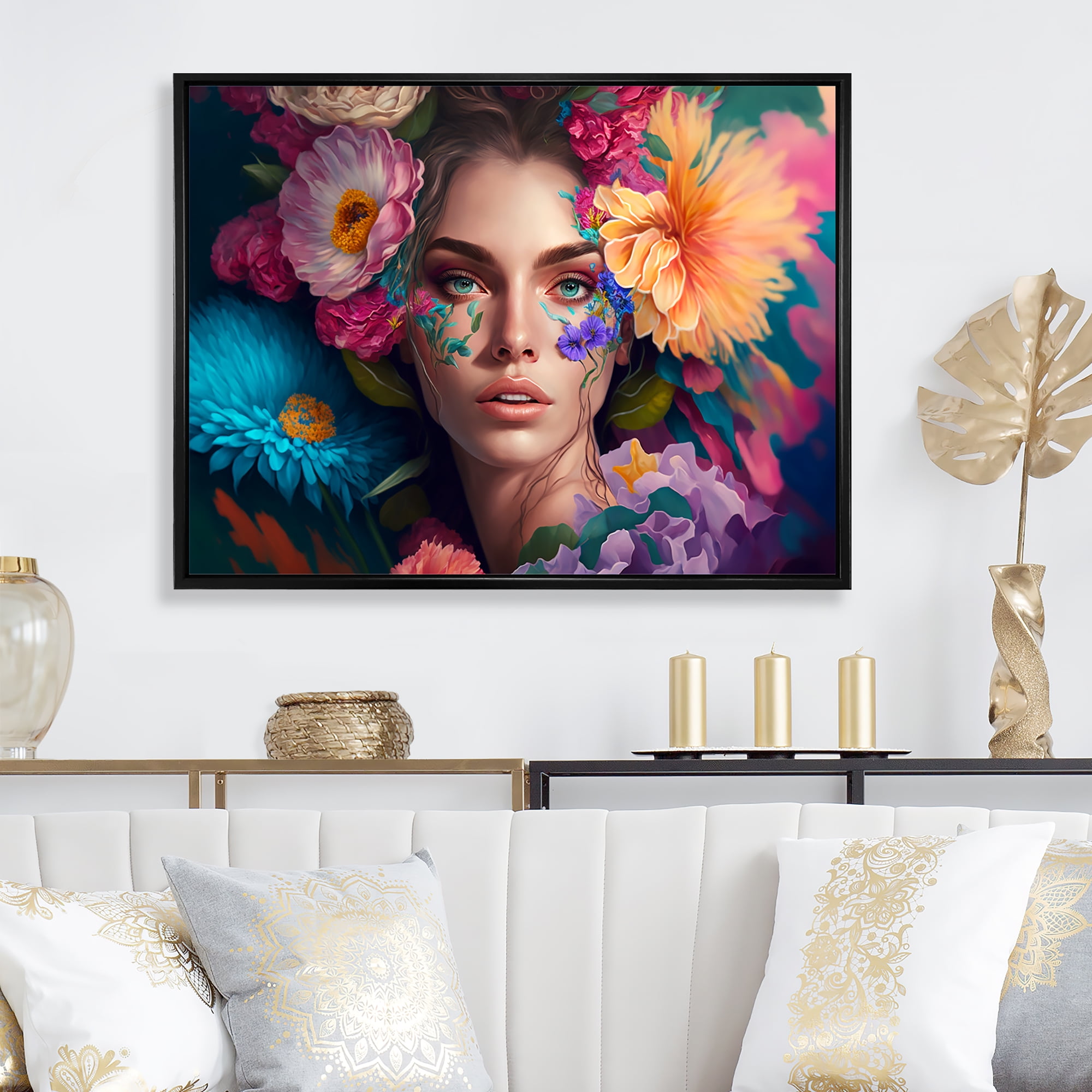 Designart Floral Sensual Woman Portrait I Floating Frame Wall Art