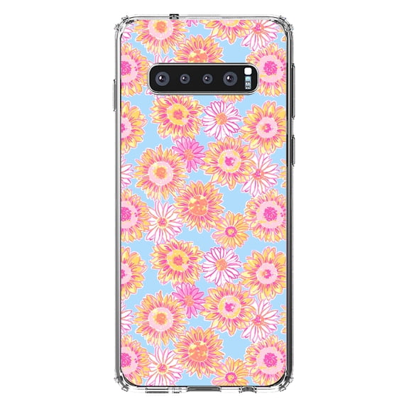 DistinctInk Clear Shockproof Hybrid Case for Samsung Galaxy S10  PLUS(6.4" Screen) - TPU Bumper, Acrylic Back, Tempered Glass Screen Protector - Preppy Pattern - Blue Pink Yellow Flowers Floral