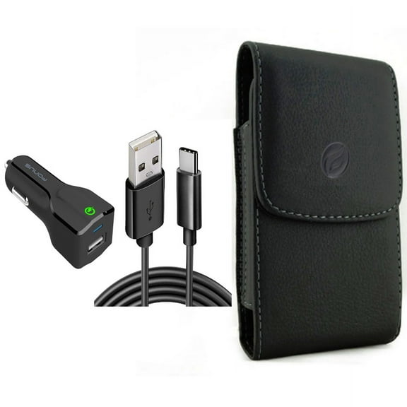 Case Belt Clip & Car Charger for iPhone 15 Pro - Leather Holster Cover Pouch and 18W Fast USB Port 6ft Cable Type-C L2Z for iPhone 15 Pro (6.1")