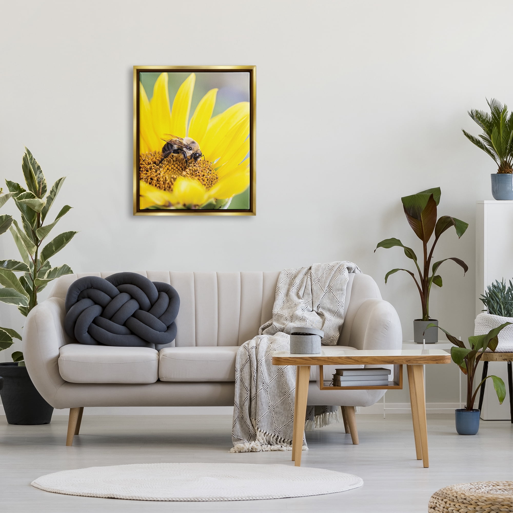 Stupell Industries Bee & Sunflower Photography Animals & Insects Photography Gold Floater Framed Art Print Wall Art, 25 x 31