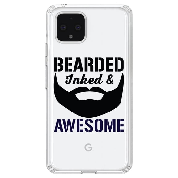 DistinctInk Clear Shockproof Hybrid Case for Google Pixel 4 (6.1" Screen) - TPU Bumper Acrylic Back Tempered Glass Screen Protector - Bearded Inked & Awesome