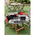 thumbnail image 2 of Round Outdoor Tablecloth With Umbrella Hole And Zipper– Red Black Gray Squares Waterproof Patio Table Cover for Party, Picnic, Backyard, 60" Dia. , Abstract Geometric Art, 2 of 8