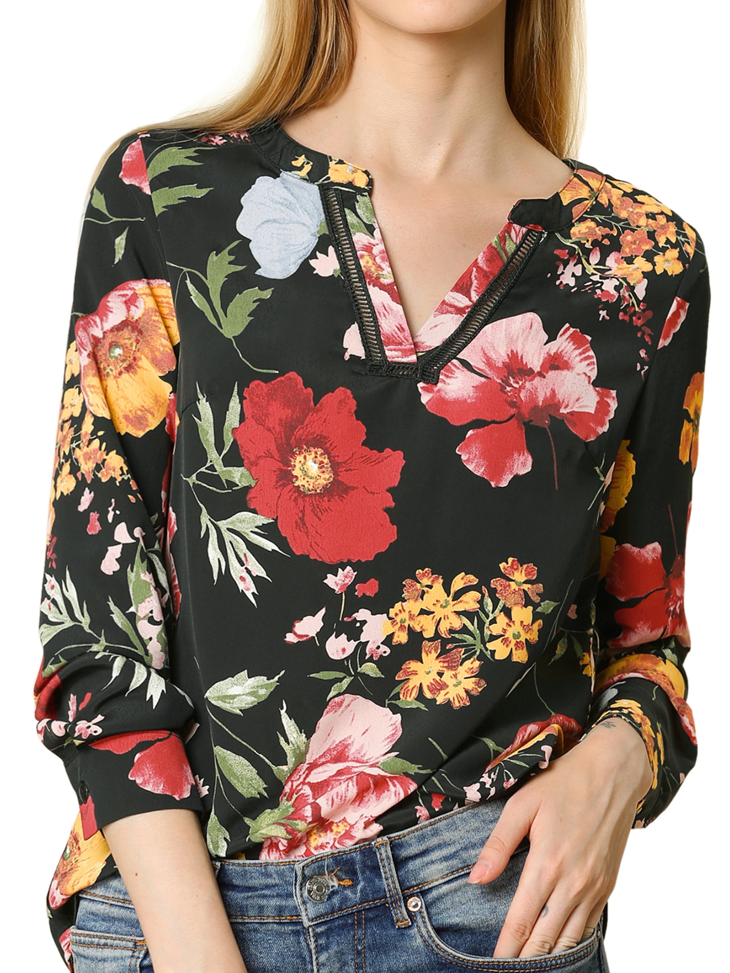 Allegra K Womens Floral Blouse V Neck Stand Collar Long Sleeve Loose Top 