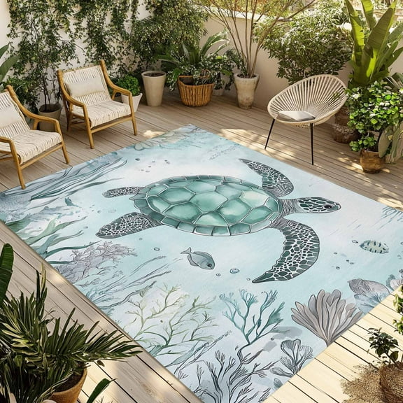 Fsddascl Coastal Sea Turtle Outdoor Rug for Patio/Deck/Porch, Non-Slip Large Area Rug 4 x 6 Ft, Nautical Marine Jellyfish Coral Indoor Outdoor Rugs Washable Area Rugs, Reversible Camping Rug Carpet