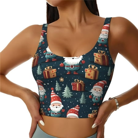 Adobk Cute Santa Claus Gift Print Sports Bras for Women Longline Workout Crop Tank Tops Padded with Built in Shelf Padded Sports Bra-XX-Large