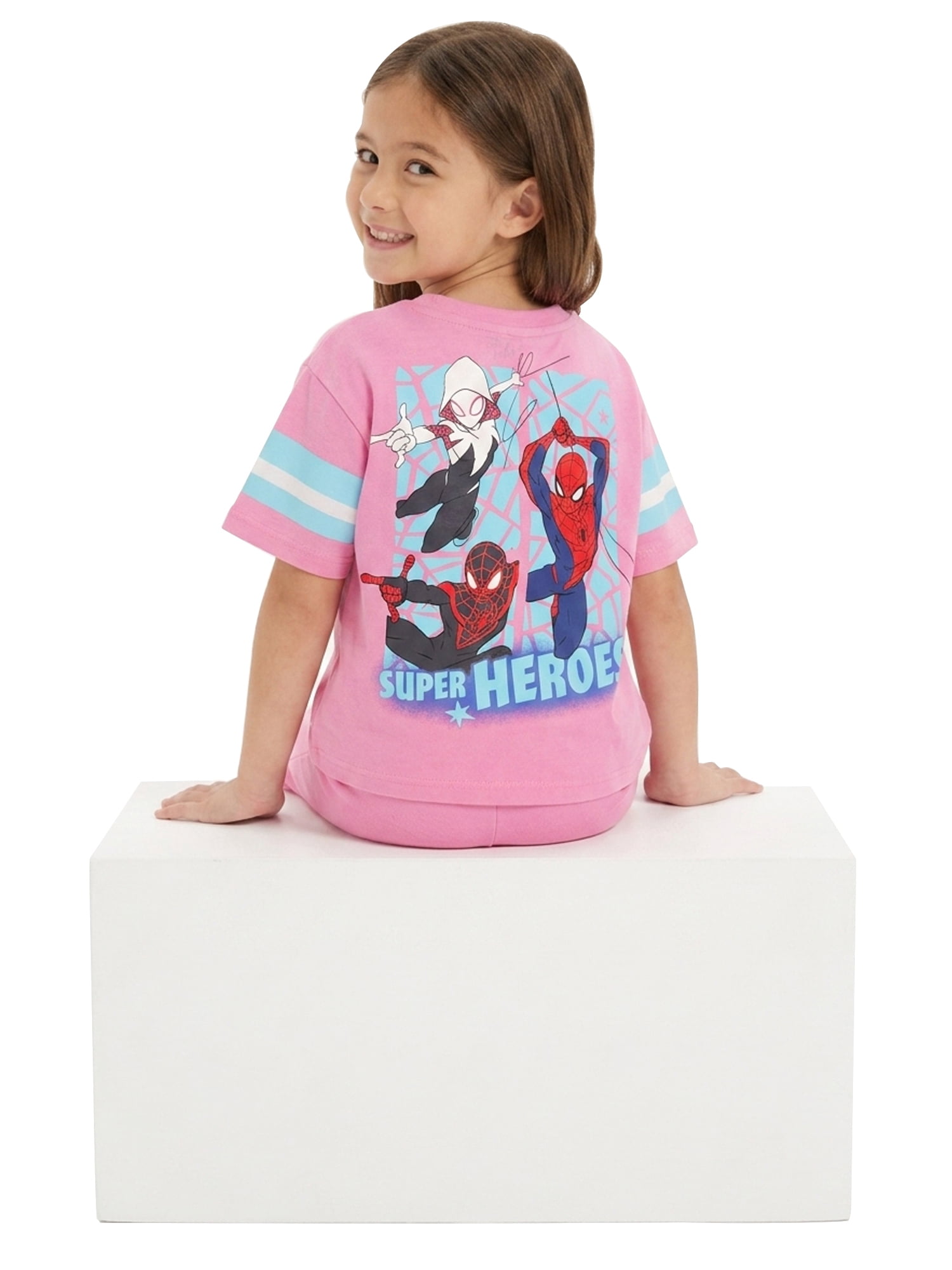 Spider-Man Girls' Athletic Front & Back T-shirt with Embroidery & Straight Leg Fleece Pants, 2-Piece, Sizes 4-16