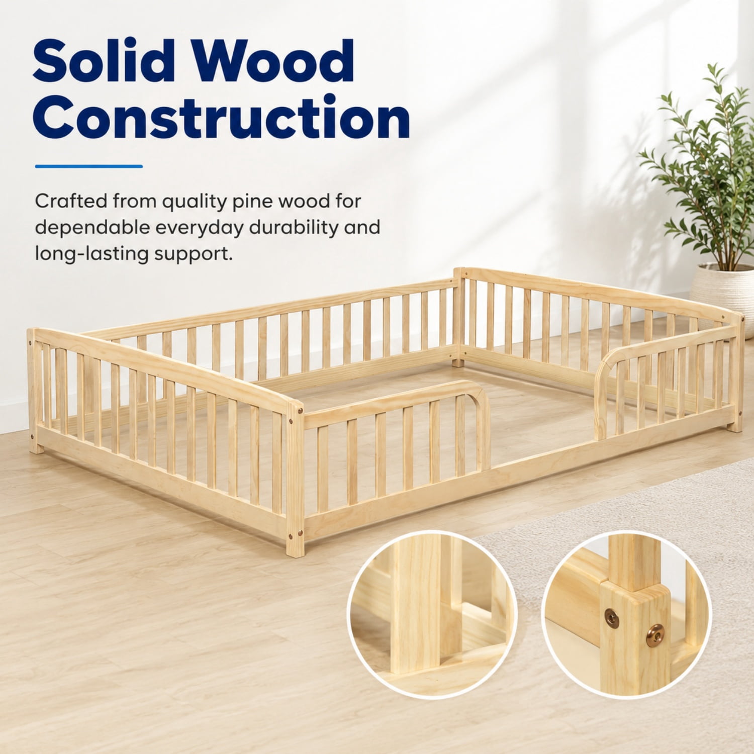 Miniyam Full Size Floor Bed with Guardrails, Low Profile Wooden Kids Bed Frame with Rounded Entrance, Natural