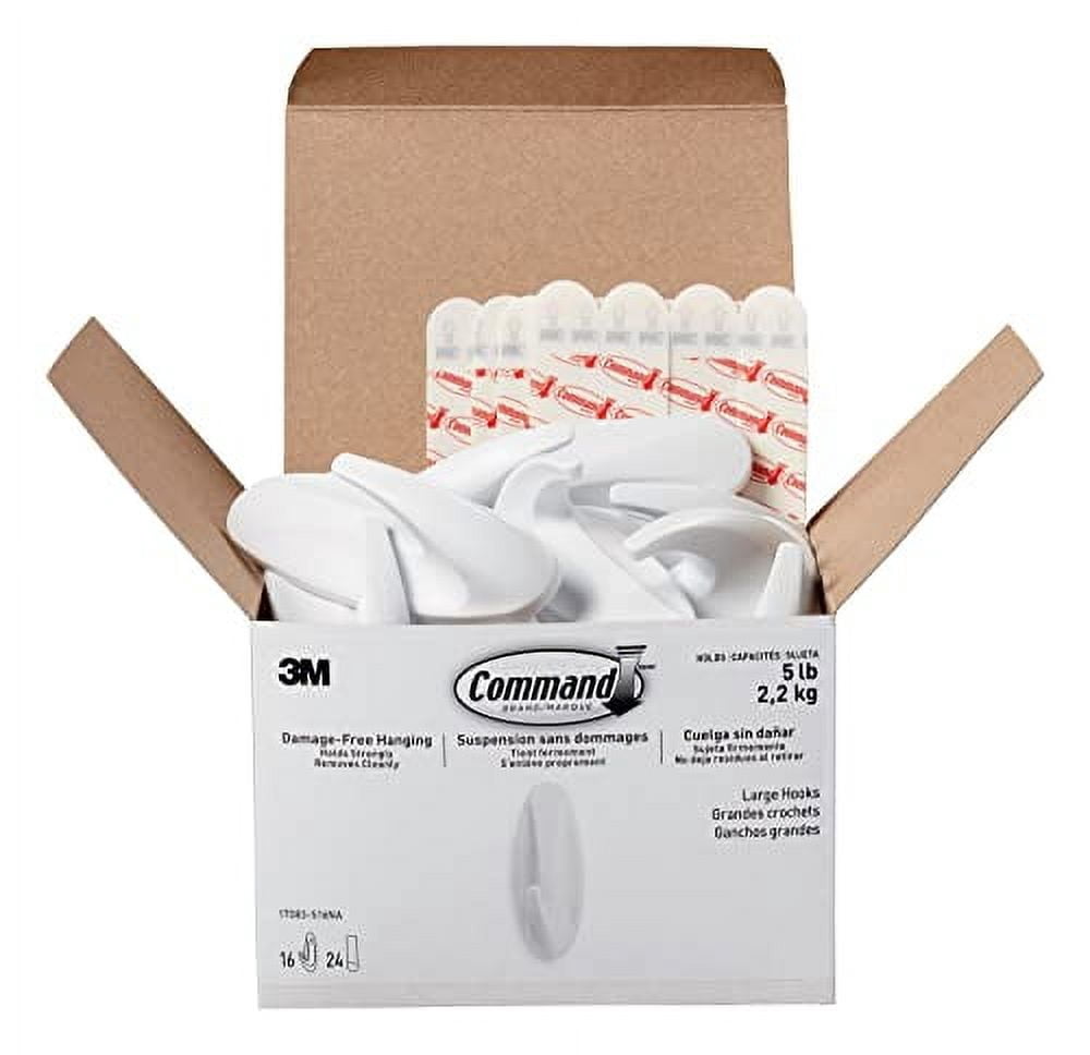 Command® Large Wall Hooks, 16 Hooks, 24 White Adhesive Strips, Damage Free Hanging Picture Hangers, No Tools Wall Hanging Strips For Living Spaces