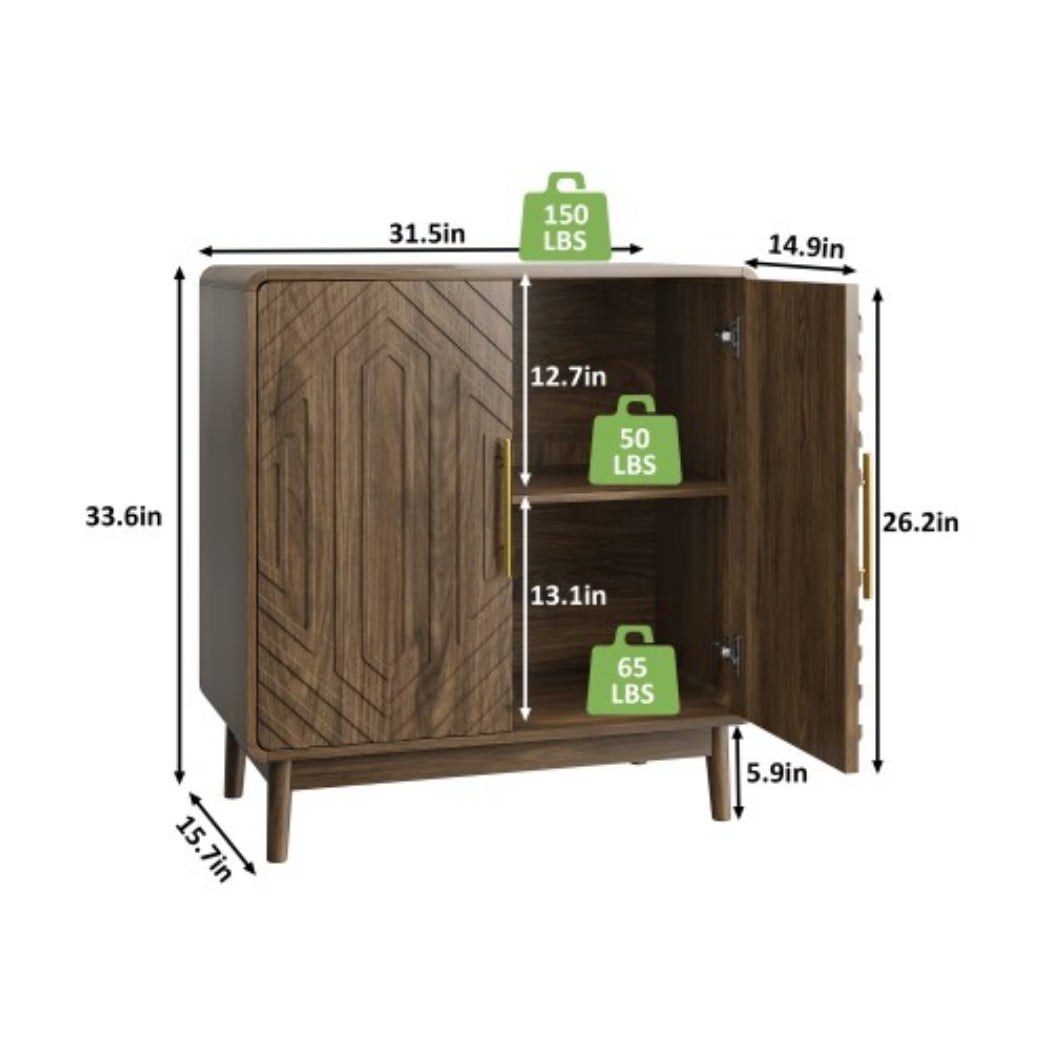 Modern Sideboard Cabinet, 2-Door Storage Buffet Cabinet with Adjustable Shelves, Curved Carved Doors & Gold Handles for Living Room, Dining Room & Entryway, Walnut