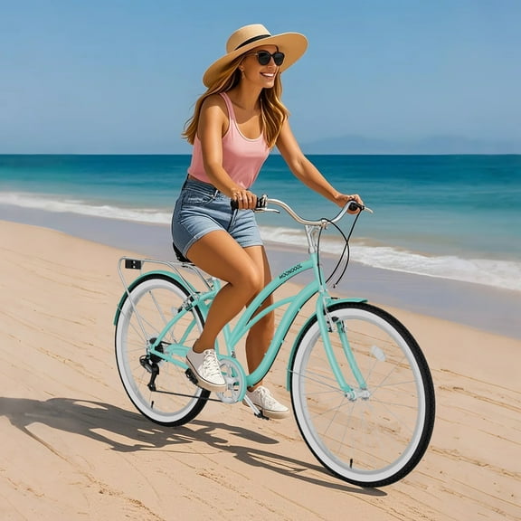 MOONCOOL 24/26 Inch Beach Cruiser Bike, 7 Speed Step-Through Frame Adult Bicycle, City Bike Commuter Bicycle with Front & Rear Fenders, Rear Cargo Rack for Men, Women