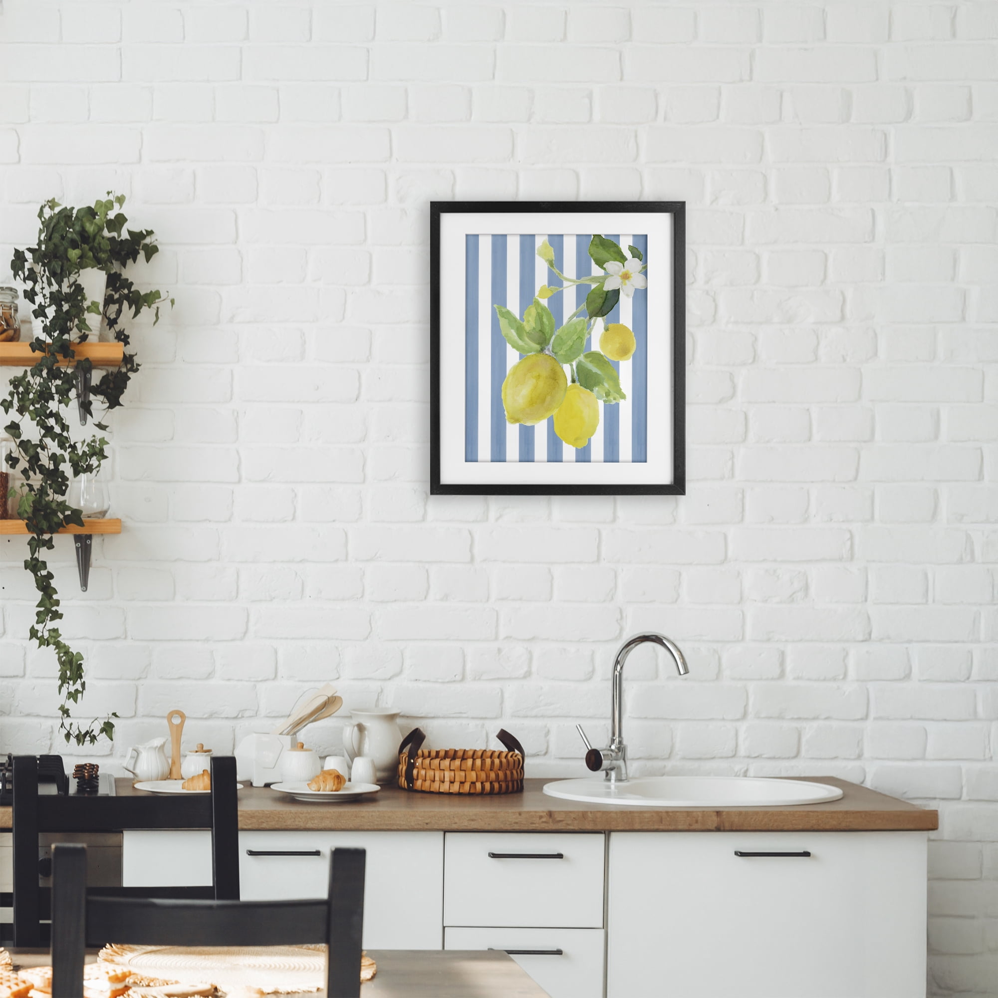 Stupell Industries Lemon Blossom on Blue Stripes Black Framed Print Under Glass, design by Lanie Loreth