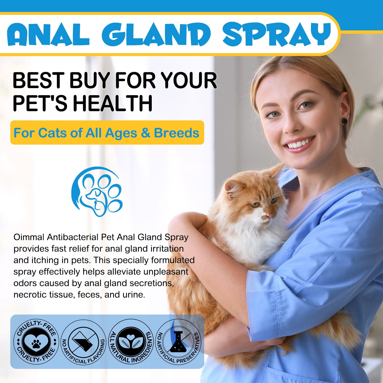 Oimmal Antimicrobial Anal Gland Spray for Cat, Anal Gland Support for Cats, Relieves Anal Gland Irritations and Soothes Itching - 8.8 Fl Oz