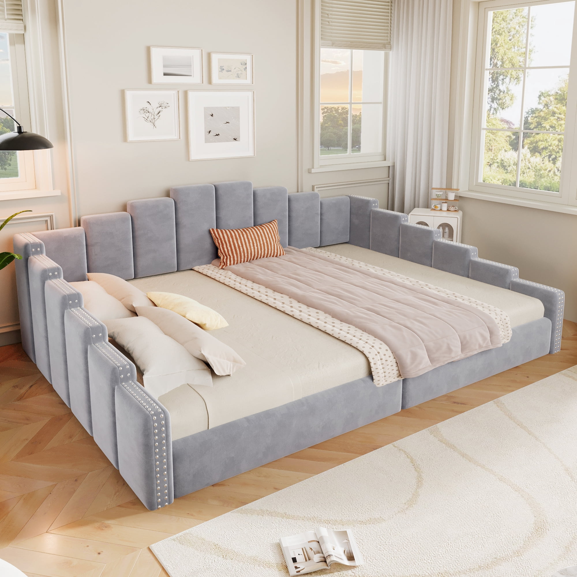 Euroco Upholstery Queen Size Daybed, Velvet Sofa Platform Bed with Nailhead Trim, No Box Spring Needed, Gray