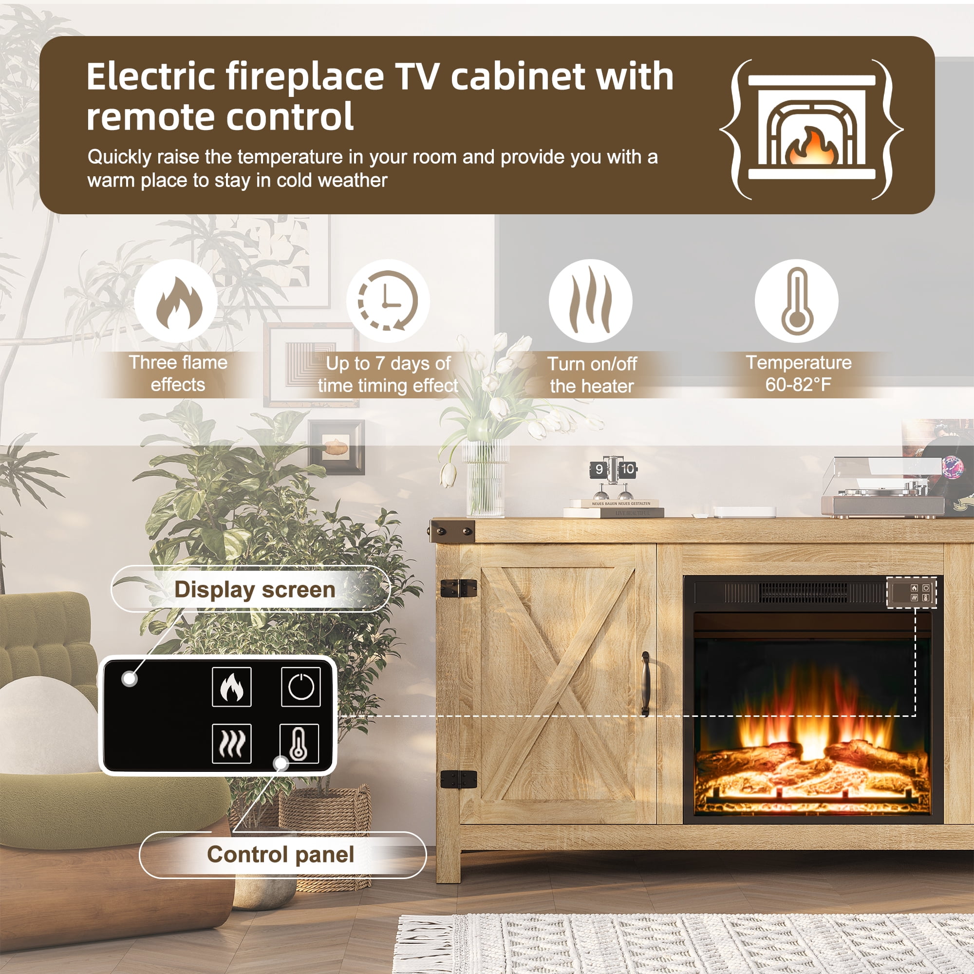 Homall Modern Farmhouse TV Stand Double Barn Door Fireplace TV Stand for TVs up to 65 inch,Oak