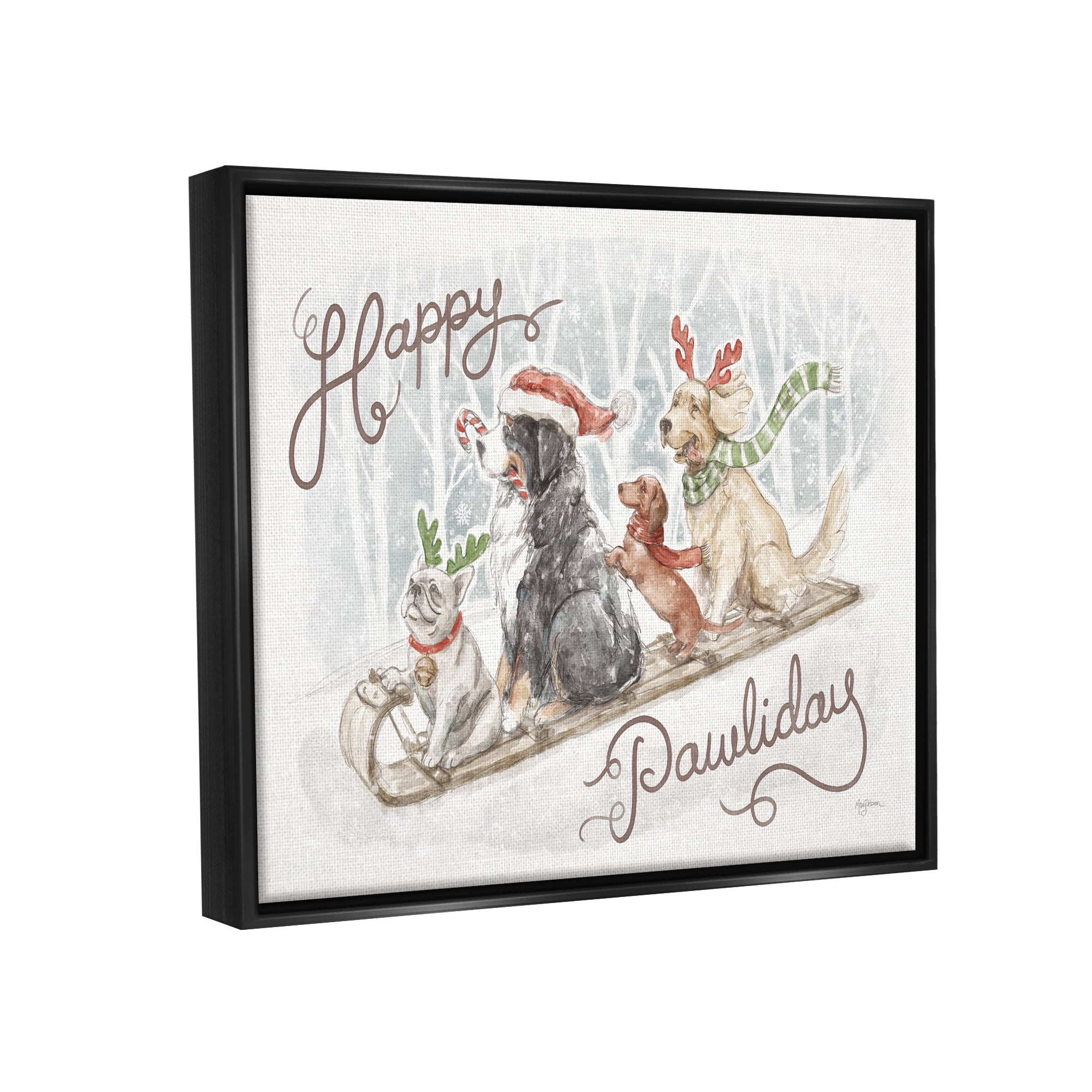 Stupell Industries Happy Pawliday Dogs Holiday Painting Black Floater Framed Canvas Art Print Wall Art, 31 x 25