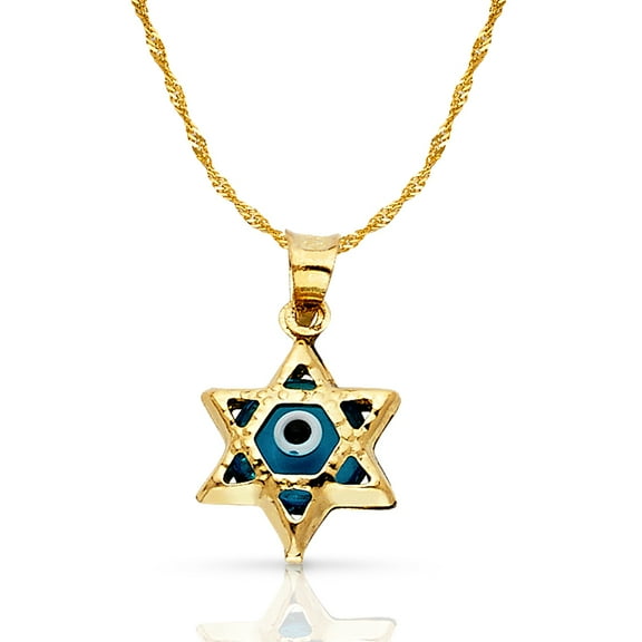 14K Yellow Gold Evil Eye Star Charm Pendant with 0.9mm Singapore Chain Necklace - 16"