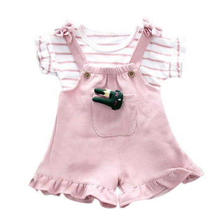 

Toddler Baby Kid Girl Striped Sleeveless Shirt+Suspenders Shorts Outfits Set