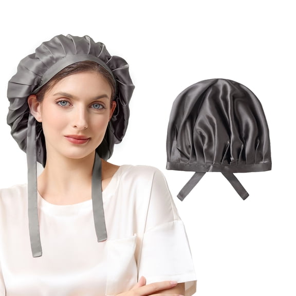 THXSILK Silk Bonnet for Sleeping, 100% Mulberry Silk Hair Bonnet with Tie Band, Silk Scarf for Hair Care, Stay On Head All Night (Gray, 12.59in/32cm)