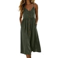 thumbnail image 2 of VBVC Women's Cotton-Linen Spaghetti Strap Midi Dress , Summer V-Neck Dresses For Women,Ladies' Button Front A-Line Dress with Pockets,Army Green,S-2XL, 2 of 7
