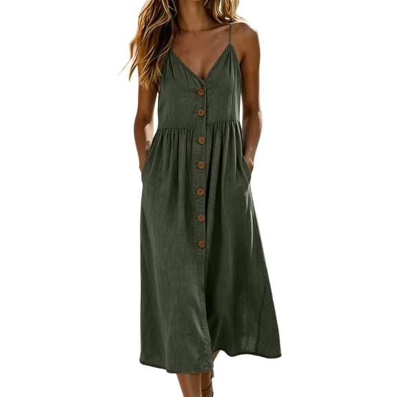 Vivianyo HD Women's V-Neck Spaghetti Strap Midi Dress, Summer Casual A-Line Sundress for Women, with Front Button Gathered and Side Pockets, Women's L, Sizes S-2XL