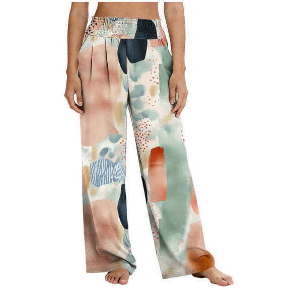 LNWUY Women's Linen Lounge Pants Stretchy Wide Leg Elastic High Waist Straight Loose Pants Comfy Casual Printing Pockets Flowy Pants White L