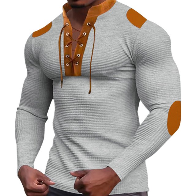 pstuiky Camisas suaves de manga larga para hombre, Camiseta de manga larga con cuello alto y cordón en el pecho para hombre, de estilo informal, con combinación de colores camisetas de hombre xxl