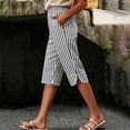thumbnail image 2 of hoksml Women's Striped Elastic Waist Capri Pants - Cotton Linen Blend with Side Slits and Pockets, 2 of 9