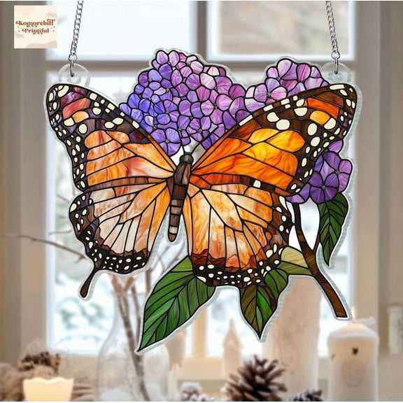 Monarch Butterfly Hydrangeas Acrylic Suncatcher, Flowers Window Hanging Art Decor, Plant Butterflies Acrylic Gift For Her Mother's Day Gift