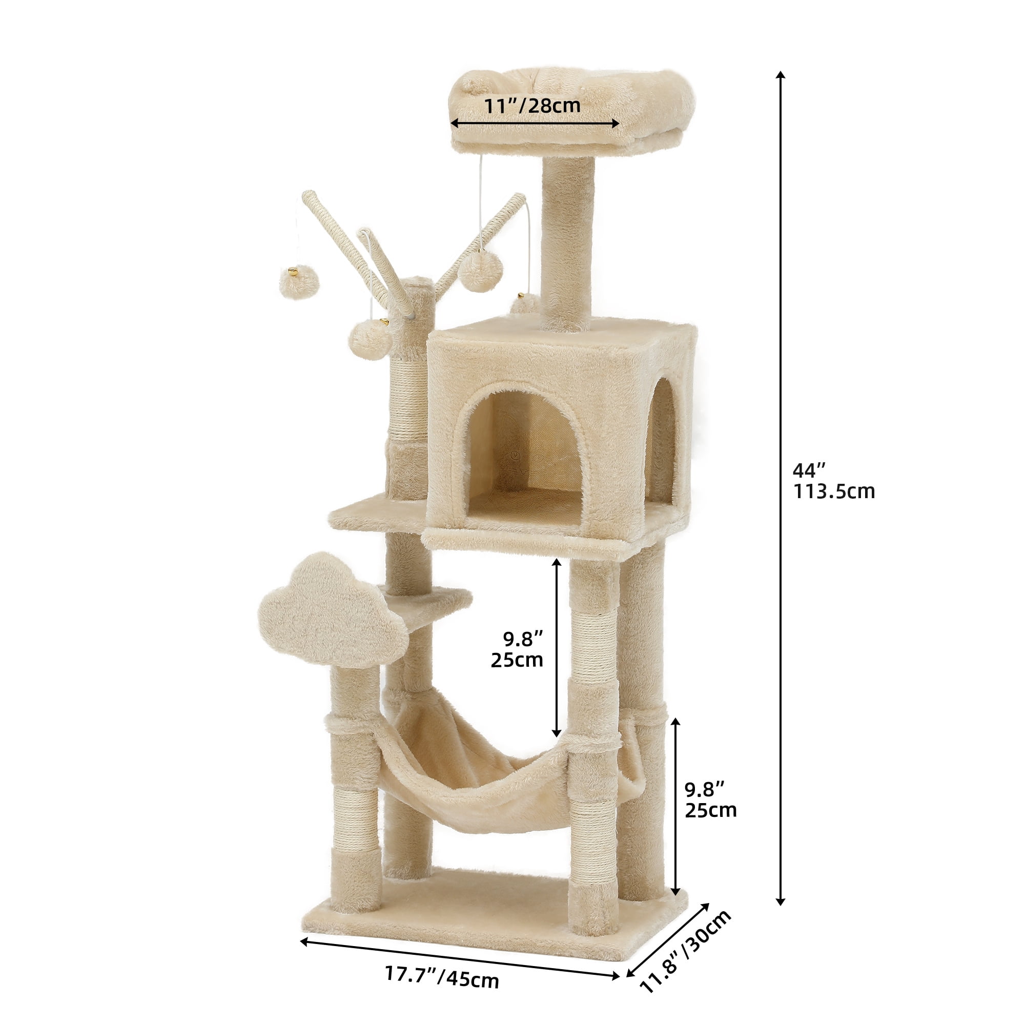 Uforic 44" Cat Tree Tower, with Scratch Posts, Condo, Hammock, Toys, Beige