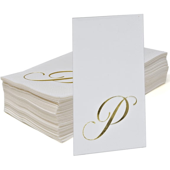 Gift Boutique Disposable Guest Napkins, Gold Foil Monogram Letter P, 100 Count, White Paper Party Napkins for Weddings, Bathroom & Events