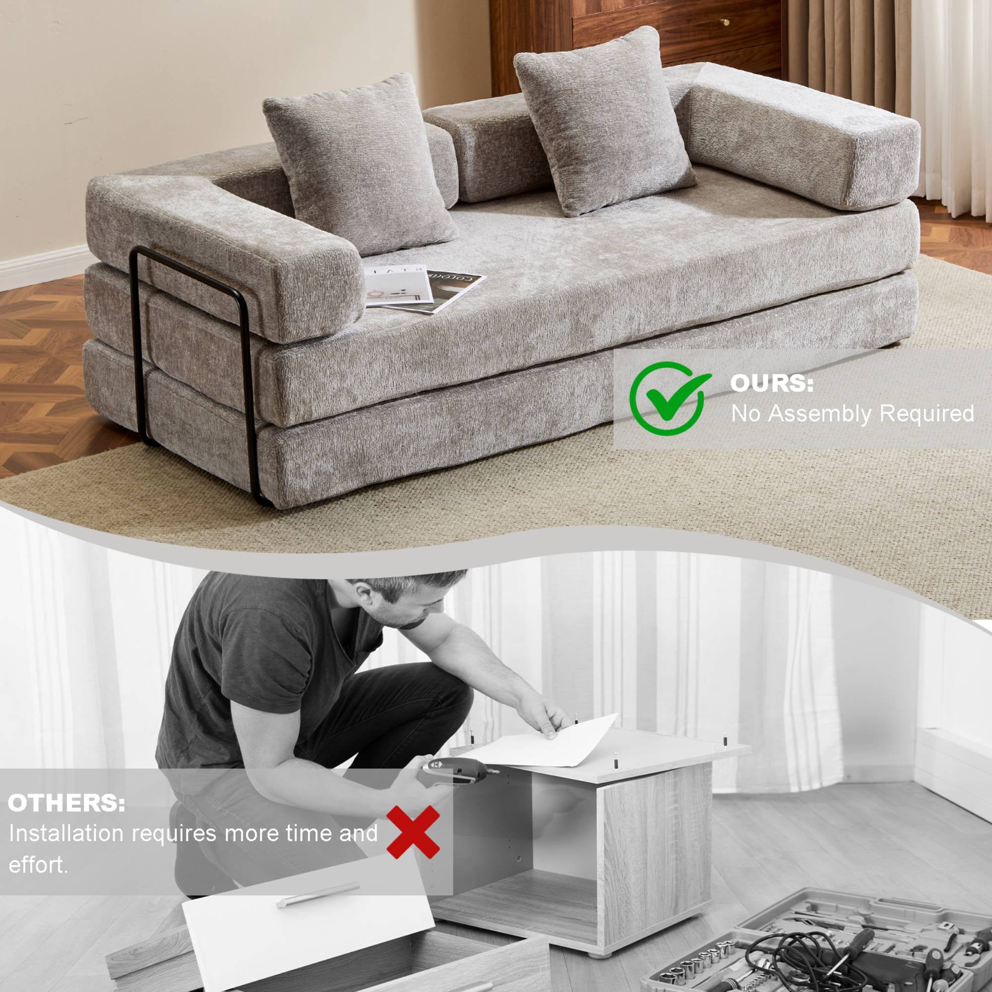 Convertible Sleeper Sofa Bed with Pillow, Corduroy Folding Mattress Floor Sofa Lounge Couch for Living Room, Bedroom, Light Grey