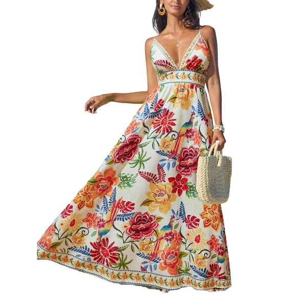 Vestido CUPSHE para mujer, cuello en V, cuello en V, maxi rojo con estampado floral