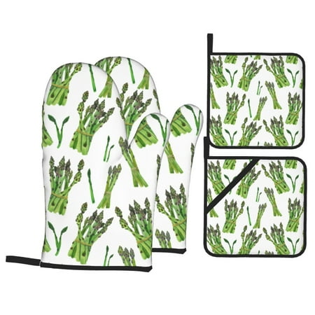

Oven Mitts and Pot Holders 4 Piece Asparagus pattern High Heat Slip Resistant Oven Mitt and Trivets Set Kitchen Oven Glove Pot Holders for Cooking Baking Grilling