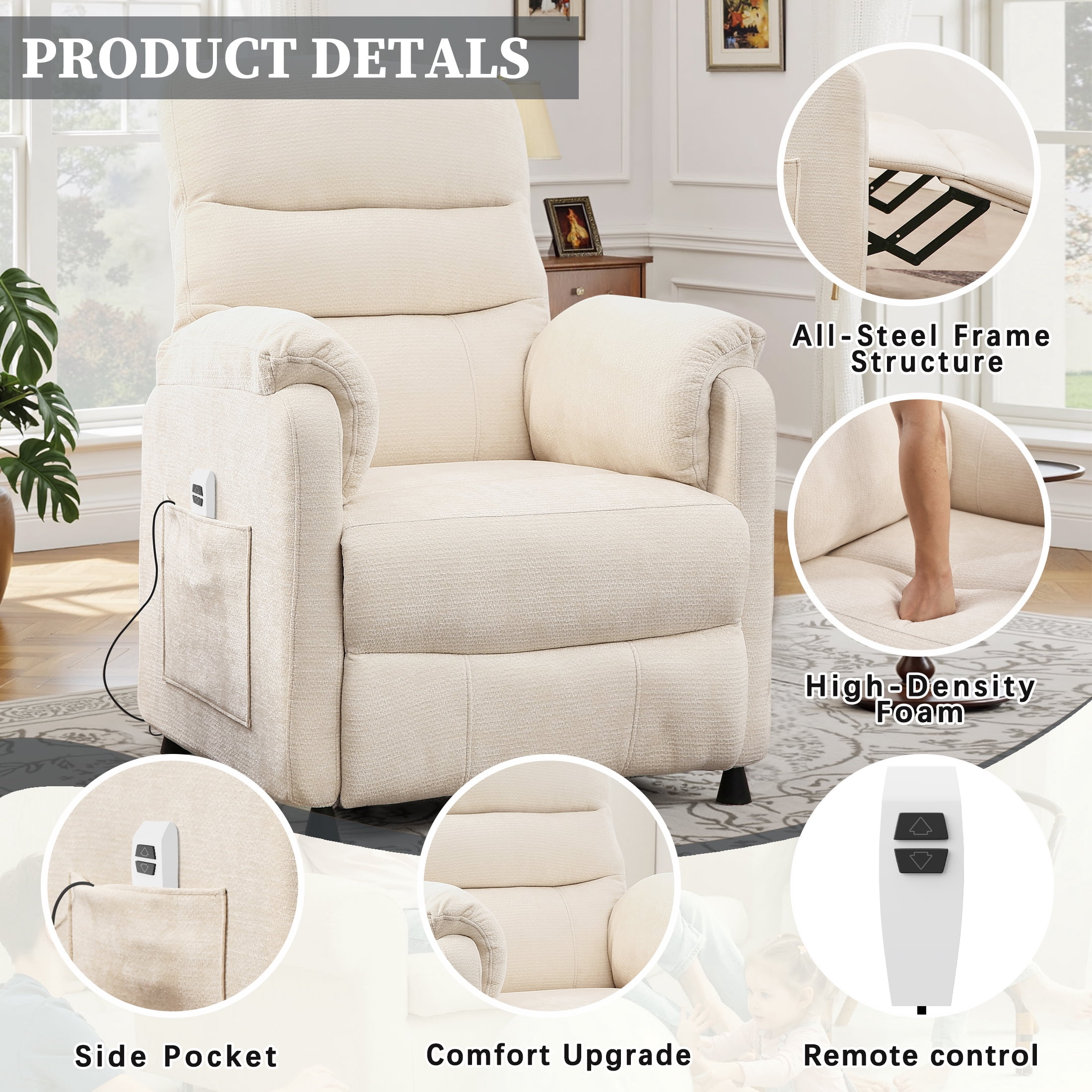 Power Recliner Chair Living Room with Adjustable Backrest and Footrest, Electric Recliner Chair for Adults, Luxurious Chenille Fabric (Beige)