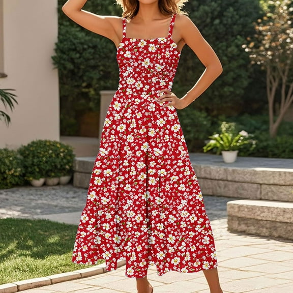 Eiyaclvo Spaghetti Strap Dresses for Women Summer Boho Floral Print Maxi Dress Tiered A Line Smocked Casual Beach Vacation Sundresses