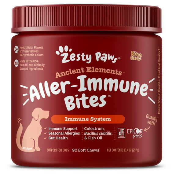 Zesty Paws Immune System Ancient Elements Aller-Immune Bites for Dogs, Allergy Relief and Supports Immune Function, Gut Health & Sensitive Skin, Bison Flavor, 90 Count Soft Chews