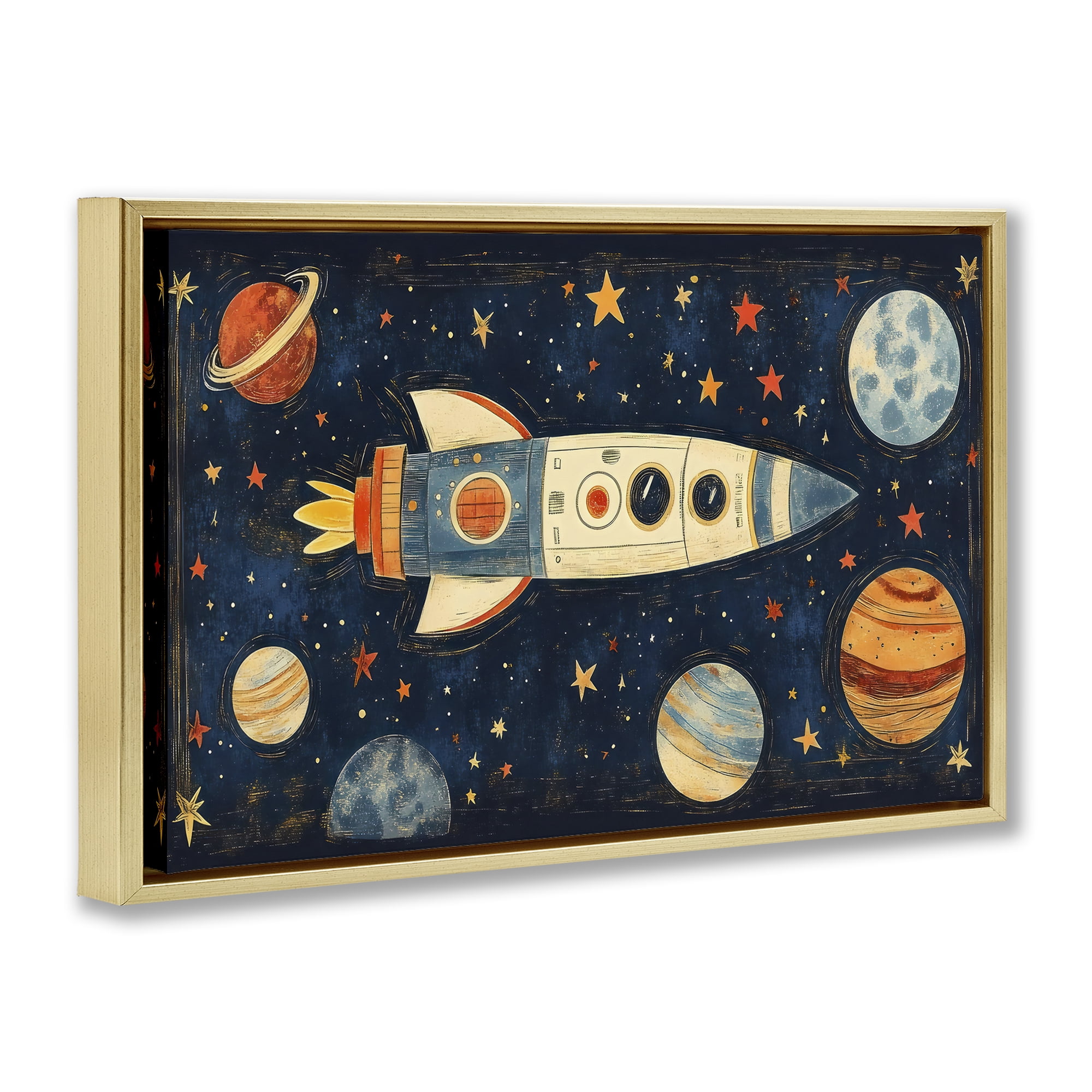 Stupell Industries Retro Rocket & Planets Gold Framed Floater Canvas Wall Art, design by Creative Studio