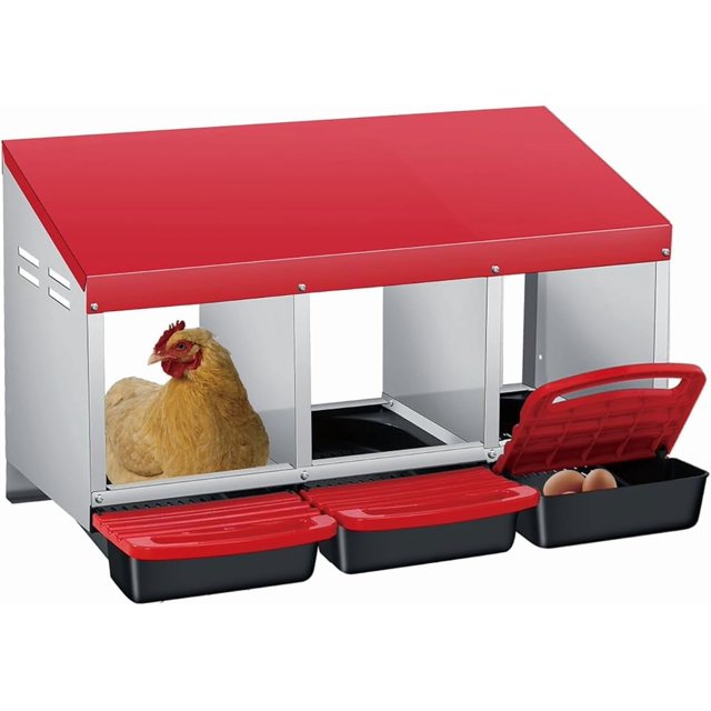 Ourlova 3/4-Hole Metal Chicken Nesting Box with Removable Roll-Out Tray – Easy Egg Collection & Cleaning, Galvanized Steel Laying Box for Backyard Coop & Poultry Farm