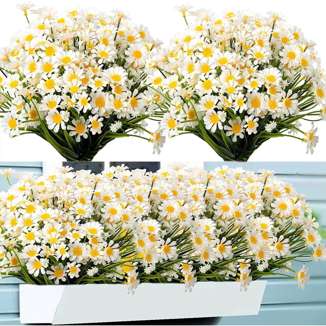 ZOELNIC 8 manojos de margaritas artificiales para exterior, flores de otoño falsas para decoración, resistentes a la decoloración, de plástico sintético, para jardín, porche, ventana, jardinera