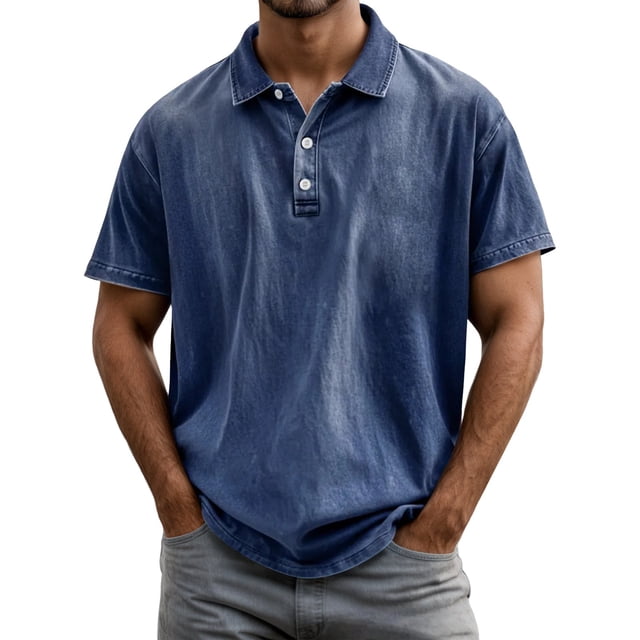 Adult Men's Polo Shirts Short Sleeve Button Tee Shirt Basic Blue Men TShirts