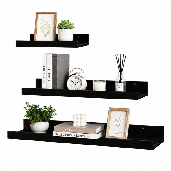 KAIWIN Black Wood Floating Shelves Set of 3 (24/16/10In) - Wall Mounted Storage & Decor for Home