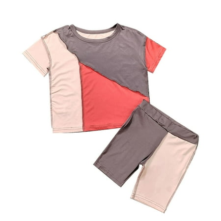 

Girls Color Matching Short Sleeve Leggings 2PCS Suit Splicing Design For Daily Travel And Travel Outfits Sets Baby Fashion Dailywear Child Clothing