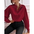 thumbnail image 5 of Women'S Fall Long Lantern Sleeve Blouse Stand Collar Single-Breasted Solid Casual Loose Blouse Tops Wine Red XXL, 5 of 7